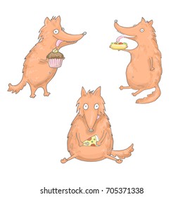 Set of foxes, that are eating hot dog, cake, pizza in vector