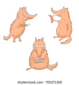 Set of foxes, that are eating sausage, chicken, cake in vector