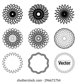 Set fractal and swirl shape element. Vintage monochrome different objects. Vector decorative sample. diaphragm