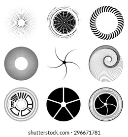 Set fractal and swirl shape element. Vintage monochrome different objects. Vector decorative sample. diaphragm. Technology circles
