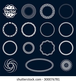 Set fractal and swirl shape element. Vintage monochrome different objects. Vector decorative sample. Diaphragm, border, outline white color on dark blue background