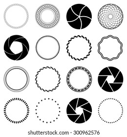 Set fractal and swirl shape element. Vintage monochrome different objects. Vector decorative sample. Diaphragm, border, outline black color