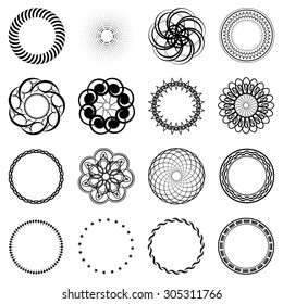 Set fractal and swirl shape element. Vintage monochrome different objects. Vector decorative sample. Diaphragm, border, outline black color in white background