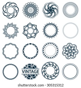 Set fractal and swirl shape element. Vintage monochrome different objects. Vector decorative sample. Diaphragm, border, outline blue color in white background