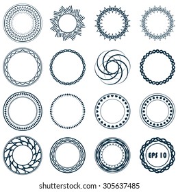 Set fractal and swirl shape element. Vintage monochrome different objects. Vector decorative sample. Diaphragm, border, outline blue color in white background