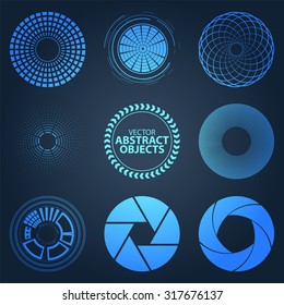 Set fractal and swirl shape element on blue background. Vintage monochrome different objects. Vector decorative sample. Light blue technology diaphragms