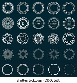 Set fractal and swirl shape element. Vintage monochrome different objects. Vector decorative sample. Diaphragm, border, outline black color in white background