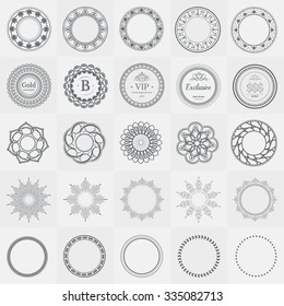 Set fractal and swirl shape element. Vintage monochrome different objects. Vector decorative sample. Diaphragm, border, outline black color in white background