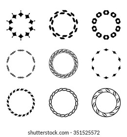 Set fractal and swirl shape element. Vintage monochrome different objects. Vector decorative sample. Diaphragm, border, outline white color in dark blue background