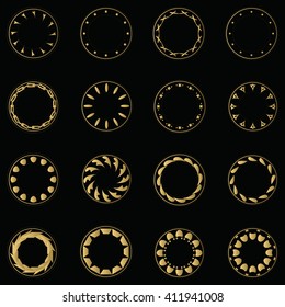 Set fractal and swirl shape element. Vintage monochrome round objects. Vector decorative sample. Diaphragm, border, outline yellow color in green blue background. Round black shapes with text