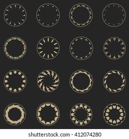 Set fractal and swirl shape element. Vintage monochrome round objects. Vector decorative sample. Diaphragm, border, outline yellow color on grey background. Round light shapes with text