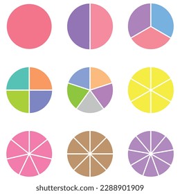 Set of fraction circles with same size. Fraction pie divided into slices. Whole, halves, thirds, quarters, fifths, sixths, sevenths, eighths and ninths fractions. Vector illustration.