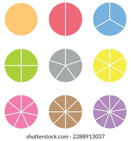 Set of fraction circles with same size. Fraction pie divided into slices. Whole, halves, thirds, quarters, fifths, sixths, sevenths, eighths and ninths fractions. Vector illustration.