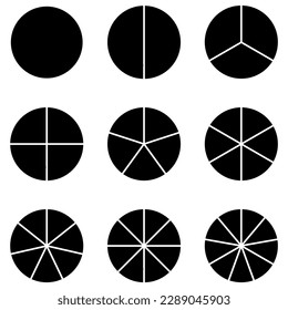 Conjunto de círculos de fracciones con el mismo tamaño. Corta de fracción dividida en rodajas. Fracciones enteras, medias, terceras partes, cuartos, quintas, seiscientos, setecientos, ochenta y noventa. Ilustración vectorial.