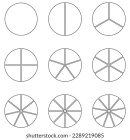 Set of fraction circles with same size. Fraction pie divided into slices. Whole, halves, thirds, quarters, fifths, sixths, sevenths, eighths and ninths fractions. Vector illustration.