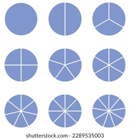 Set of fraction circles with same size. Fraction pie divided into slices. Whole, halves, thirds, quarters, fifths, sixths, sevenths, eighths and ninths fractions. Vector illustration.