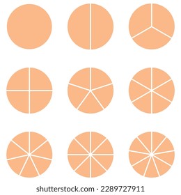 Set of fraction circles with same size. Fraction pie divided into slices. Whole, halves, thirds, quarters, fifths, sixths, sevenths, eighths and ninths fractions. Vector illustration.