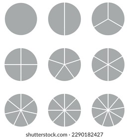 Set of fraction circles with same size. Fraction pie divided into slices. Whole, halves, thirds, quarters, fifths, sixths, sevenths, eighths and ninths fractions. Vector illustration.