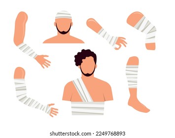 Conjunto de fracturas de diversa complejidad en estilo de dibujos animados. Ilustración vectorial de un hombre con una fractura y vendaje de sus brazos, piernas, rodillas, pecho y cabeza sobre fondo blanco.