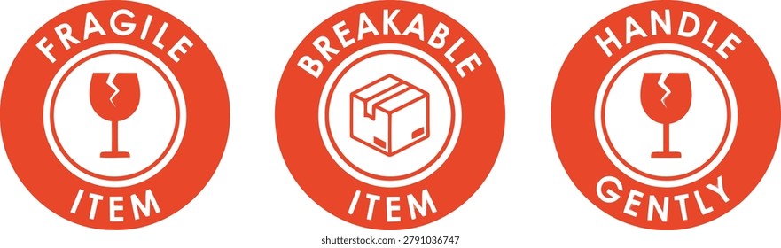 Set of fragile and breakable item warning labels for shipping boxes and careful handling
