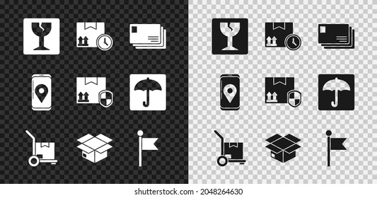 Set Fragile broken glass, Cardboard box and fast time, Envelope, Hand truck boxes, Carton cardboard, Location marker, Mobile with app delivery tracking and Delivery pack security shield icon. Vector