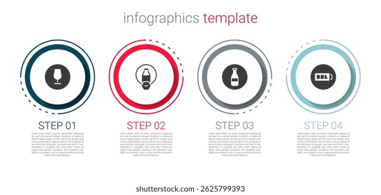 Defina o vidro quebrado frágil, sem lactose, garrafa e bateria. Modelo de infográfico comercial. Vetor