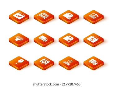 Set Fragile broken glass, Location with cardboard box, Scanner scanning bar code, Delivery cargo truck vehicle, Placeholder map, Search package, boxes and security shield icon. Vector