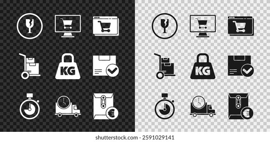 Set Fragile broken glass, Shopping cart on computer, Online shopping screen, Stopwatch, Logistics delivery truck and clock, Envelope with euro symbol, Hand boxes and Weight icon. Vector