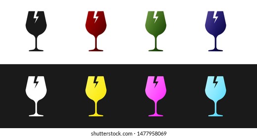 Set Fragile broken glass symbol for delivery boxes icon isolated on black and white background.  Vector Illustration