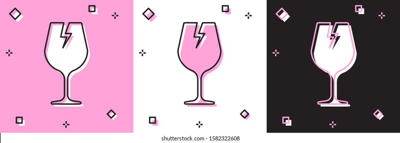 Set Fragile broken glass symbol for delivery boxes icon isolated on pink and white, black background.  Vector Illustration