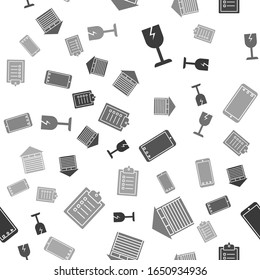 Set Fragile broken glass symbol, Closed warehouse , Mobile phone with app delivery tracking and Verification of delivery list clipboard  on seamless pattern. Vector