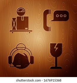 Set Fragile broken glass symbol, Scale with cardboard box , Support operator in touch and Telephone with speech bubble chat  on wooden background. Vector