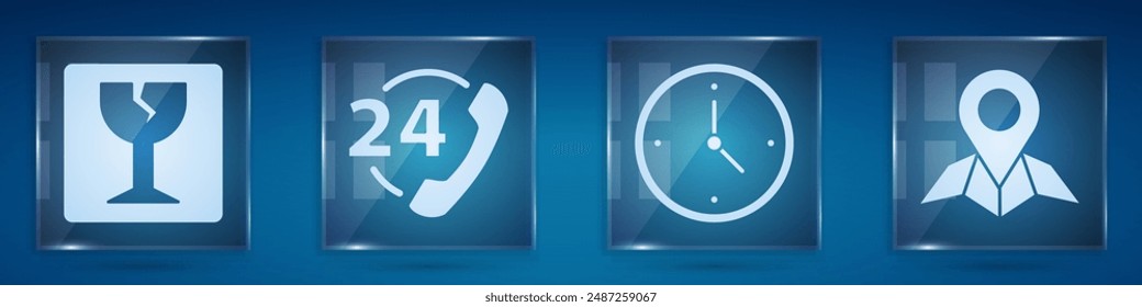 Set Fragile broken glass, Telephone 24 hours support, Fast time delivery and Placeholder on map paper. Square glass panels. Vector