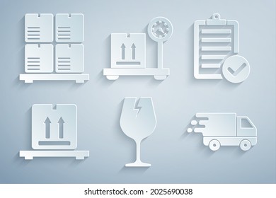 Set Fragile broken glass, Verification of delivery list, Cardboard boxes pallet, Delivery truck in movement, Scale with cardboard and  icon. Vector