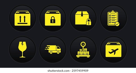 Set Fragile broken glass, Verification of delivery list, Delivery truck in movement, Scale with cardboard box, Locked package, Plane and and Cardboard traffic icon. Vector