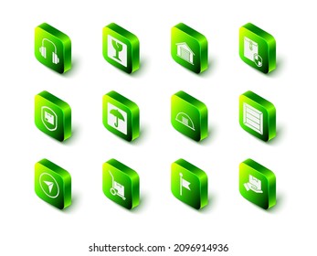 Set Fragile broken glass, Warehouse, Envelope with shield, Wooden box, Delivery hand boxes, Hangar, Location marker and Hand truck icon. Vector