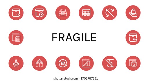 Set of fragile icons. Such as Box, Delete package, Cardboard box, Eggs, Do not roll, Handle with care, Packaging, Return, Do not use hook , fragile icons