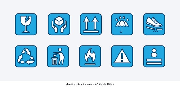 Conjunto de icono de paquete frágil. Etiquetas de entrega o envío. Mango de contención con cuidado, de lado, mantener seco, paso, tirar basura, inflamable, pila máxima, advertencia, reciclable, Ilustración vectorial de precaución