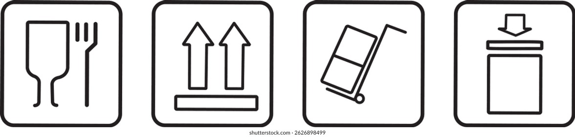 set of fragile package icons set, cargo icon vactor, Containing handle with care, side up, keep dry, step on, throw garbage background
