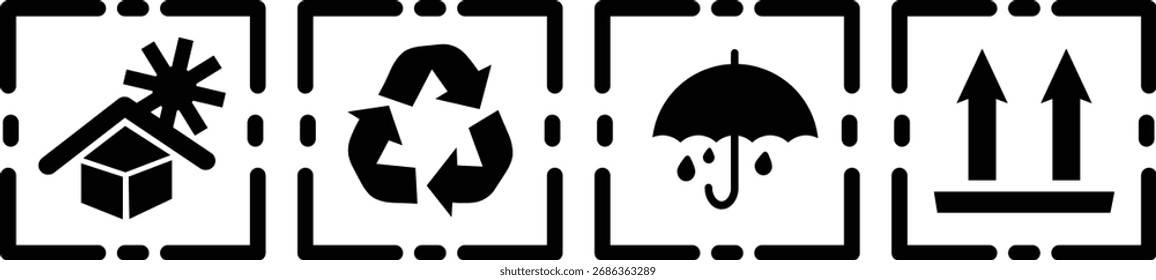 Set of Fragile package icons, keep upright dry and handle with care signs. Fragile, recycle, Handle with care, Essential Packaging Symbols, Set of multiple Safety signs and symbols,

