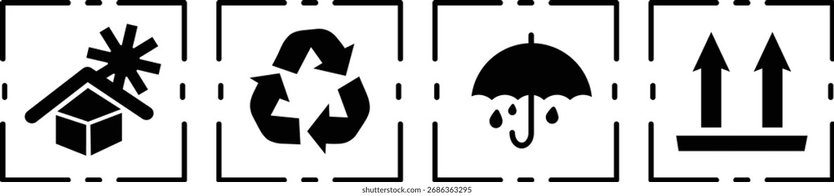 Conjunto de iconos de paquete frágil, mantener en posición vertical seco y manejar con signos de cuidado. Frágil, reciclar, manipular con cuidado, Símbolos esenciales de embalaje, Conjunto de múltiples signos y símbolos de seguridad,
