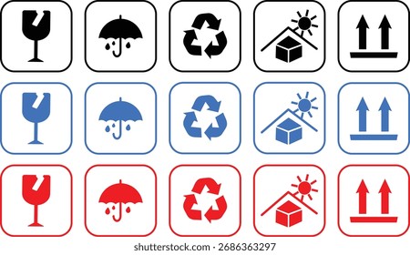 Set of Fragile package icons, keep upright dry and handle with care signs. Fragile, recycle, Handle with care, Essential Packaging Symbols, Set of multiple Safety signs and symbols,
