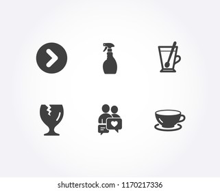 Set of Fragile package, Spray and Forward icons. Tea mug, Dating chat and Espresso signs. Safe shipping, Washing cleanser, Next direction. Cup with teaspoon, People love, Coffee cup. Vector