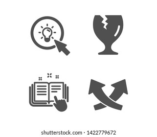 Set of Fragile package, Technical documentation and Energy icons. Intersection arrows sign. Safe shipping, Manual, Turn on the light. Exchange.  Classic design fragile package icon. Flat design