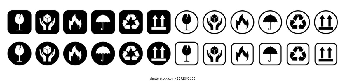 Set of Fragile Shipping and Handling Signs.Collection of Fragile package icons.Vector