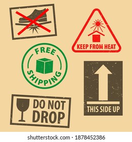 Set of fragile sticker  case icon packaging symbols sign, keep from heat, free shipping and this side up rubber stamp on cardboard background, vector illustration. Use on package.