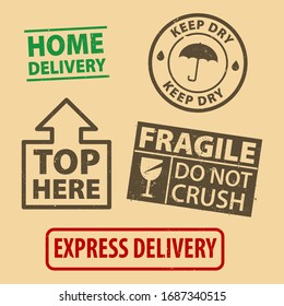 Set of fragile sticker Do not crush and case icon packaging symbols sign, fragile and Keep Dry rubber stamp on cardboard background, vector illustration. Use on package. EPS10.