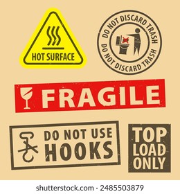 Set of fragile sticker do not use hooks and case icon packaging symbols sign, top load package rubber stamp on cardboard background, vector illustration. Use on package. EPS10.