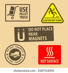 Set of fragile sticker Do Not Trample icon packaging symbols sign, Hot Surface  rubber stamp on cardboard background, vector illustration. Use on package. EPS10.