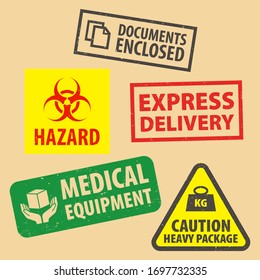 Set of fragile sticker Express Delivery icon packaging symbols sign, Heavy package rubber stamp on cardboard background, vector illustration. Use on package. EPS10.